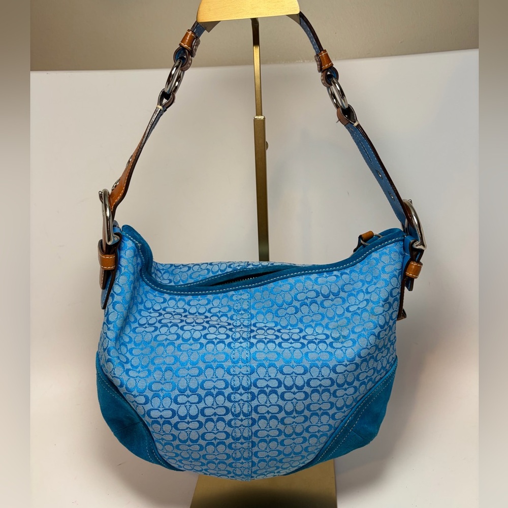 SOLD Vintage Coach Y2K Signature Print Blue Micro C Hobo Suede Shoulder Bag - Picture 2 of 15